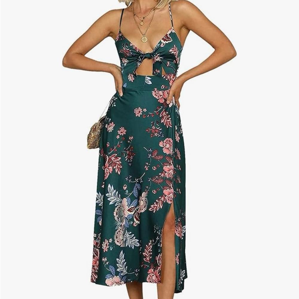 Floral Green Midi Dress with Slit